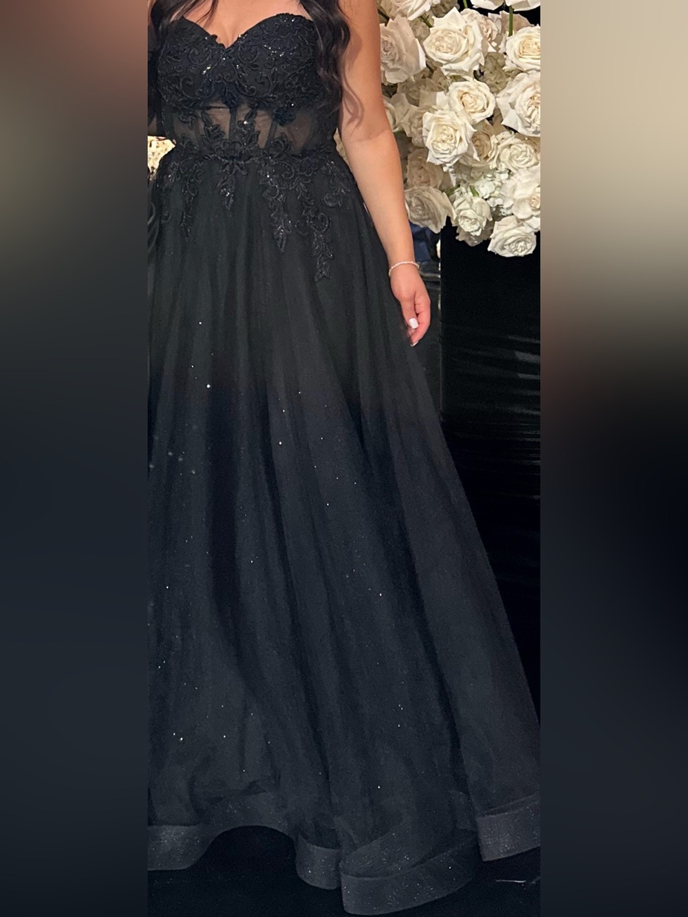 Strapless Black Tulle Ball Gown with Embroidered Corset
